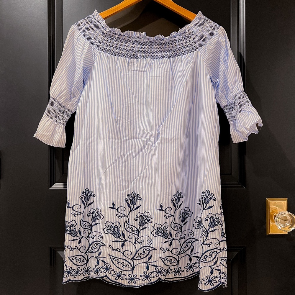 Altar'd State Blue Striped Embroidered Short Preppy Shift Dress